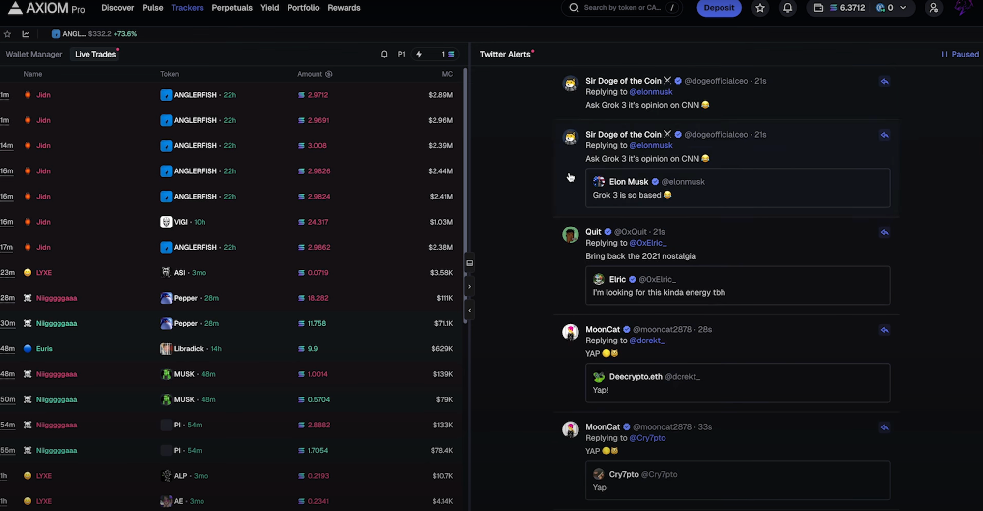Axiom Solana Trading Bot trackers showing a result list