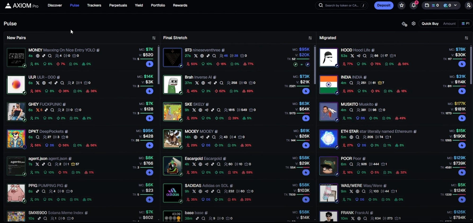 a  memecoins result list of Axiom Trading pulse section